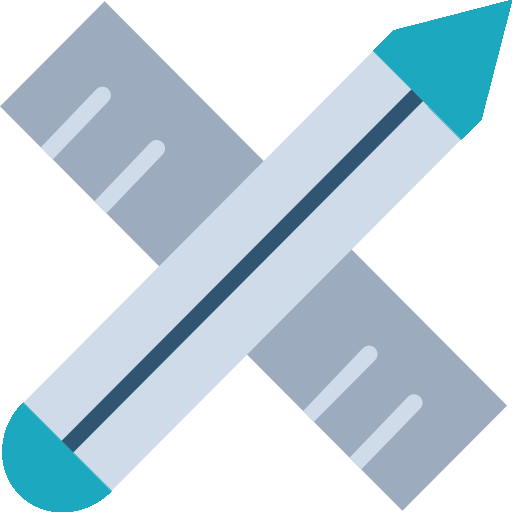 A simple graphic icon showing a pencil crossed over a ruler, symbolizing creativity, design, and measurement. The ruler is gray with white markings, and the pencil is light blue with a teal eraser and tip.