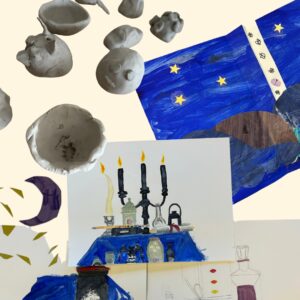 Collage of student art including small clay sculptures and a painting of a candlelit still life on a blue table.