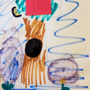 Colorful child’s drawing of a tree with blue swirls, glittery shapes, and a flower, labeled “Tree.”