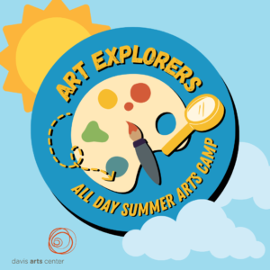 Colorful “Art Explorers” graphic with a paint palette, brush, and magnifying glass promoting an all-day summer arts camp.