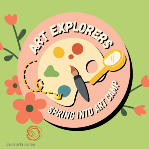 Illustrated “Art Explorers: Spring Into Art Camp” graphic with a paint palette, brush, magnifying glass, and flowers.