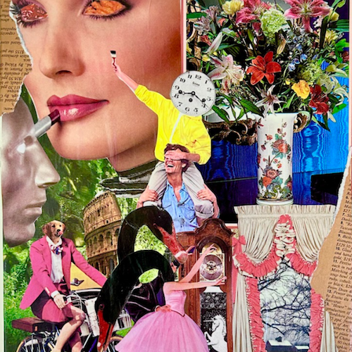 Teen Art Club collage-style artwork featuring a large face with makeup, a person applying lipstick, a dog riding a bicycle, a man carrying someone on his shoulders, flowers in a vase, a clock, and various surreal cutout elements.