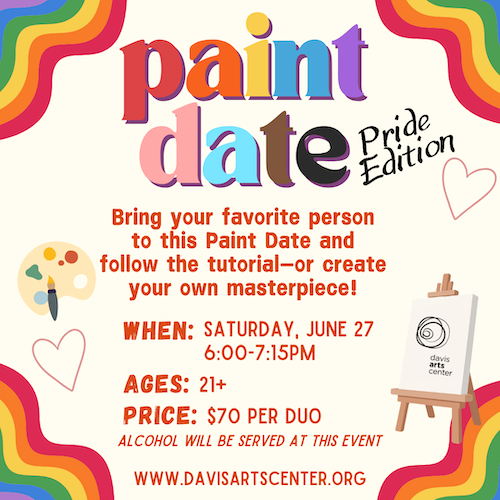Paint Date Pride Edition event flyer with date, time, pricing, and registration information for adults 21 and older.
