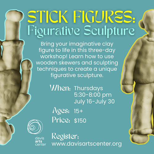 Clay sculpture workshop teaching figurative sculpting techniques using wooden supports and clay.