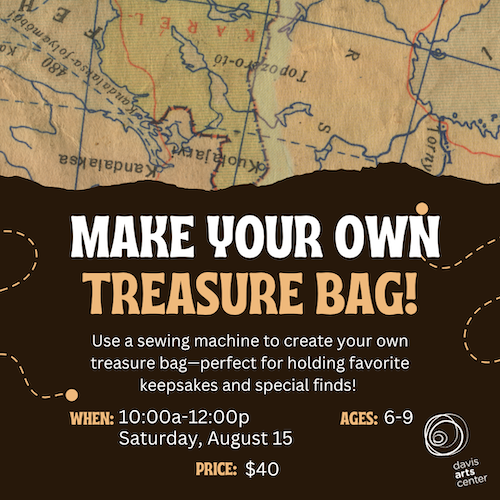 Flyer for a youth sewing class where children create a treasure bag using a sewing machine.