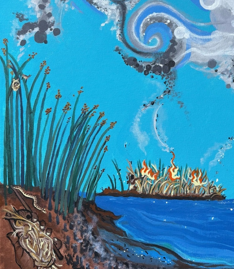 Painting of a blue wetland marsh with tule reeds, water, smoke, and controlled fire, featured in Good Fire, Living Water: The Gifts of a Marsh Economy, a Davis Arts Center exhibit highlighting the cultural, ecological, and artistic practice of Diana Almendariz, Ooti Maxine, and Christina Almendariz.