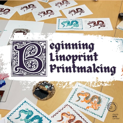 Beginning Linocut Printmaking graphic surrounded by colorful animal prints, carving blocks, ink, and printmaking tools.