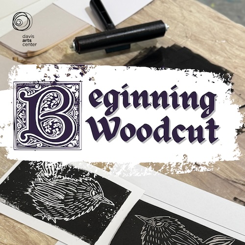 Beginning Woodcut class graphic over a workspace with carved animal prints, a brayer, ink, and woodcut materials.