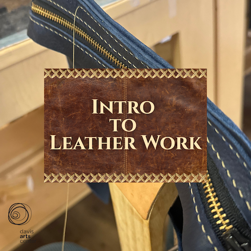 Intro to Leather Work class graphic featuring stitched leather, thread, and a blue zippered leather project.