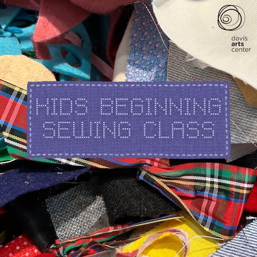 Kids Beginning Sewing Class graphic displayed over a colorful assortment of fabric scraps, felt, plaid, and patterned textiles.