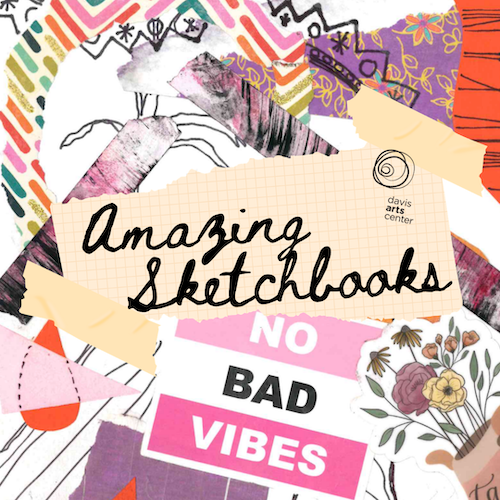 Amazing Sketchbooks class graphic featuring colorful drawings, collage elements, flowers, and patterned paper.