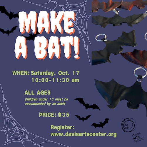 Make a Bat workshop flyer for an all-ages leather craft class featuring handmade bats and Halloween graphics.