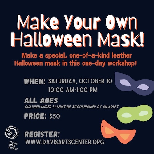 Halloween mask workshop flyer for an all-ages class creating a one-of-a-kind leather mask.