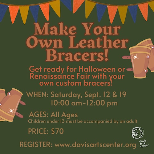 Leather bracers workshop flyer for an all-ages class creating custom Renaissance Fair or Halloween accessories.
