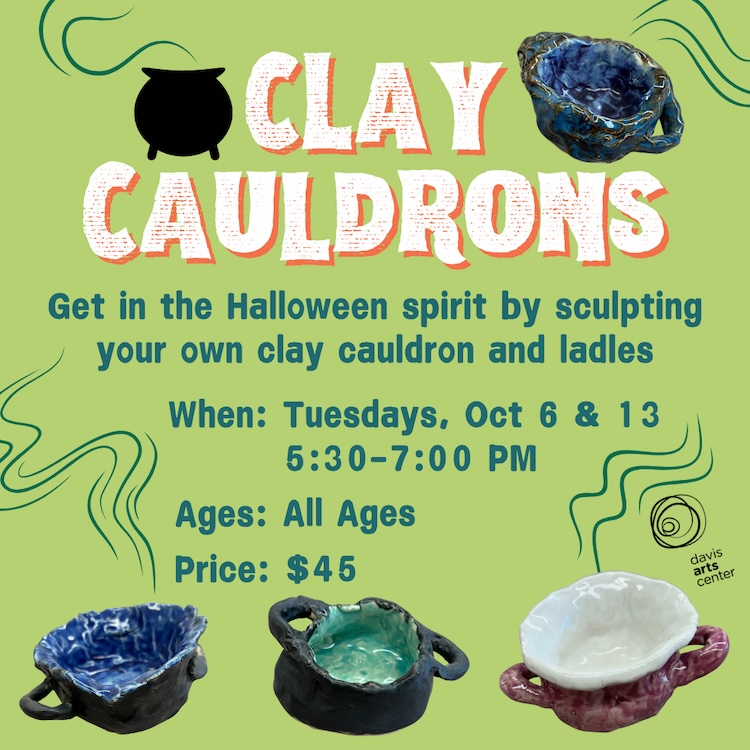 Clay Cauldrons class flyer featuring handmade ceramic cauldrons for an all-ages Halloween pottery workshop.